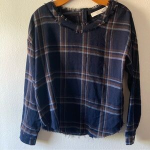 Astr The Label Navy Plaid Long Sleeve Top